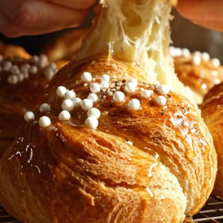 A close-up shot of a golden-brown Swedish cardamom bun with pearl sugar on a wooden table.
