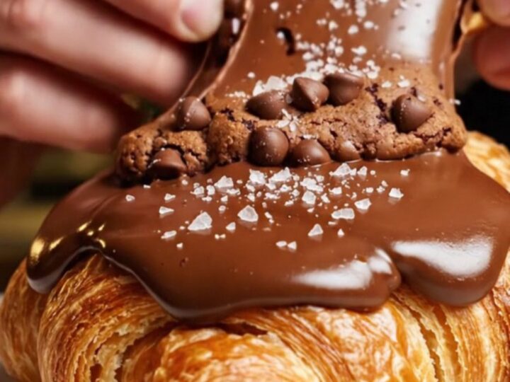 A golden-brown croissant split in half, revealing a gooey, molten chocolate chip cookie dough center.
