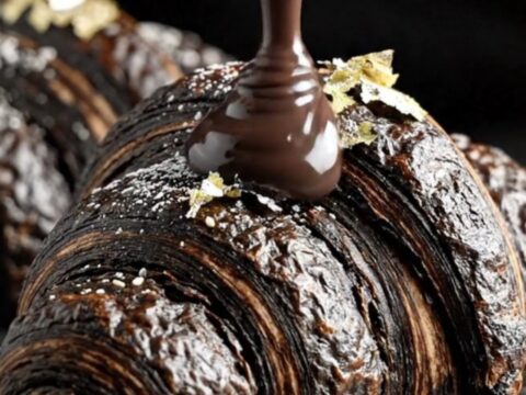 A dramatic jet-black charcoal croissant torn open to reveal a flowing black sesame lava center.