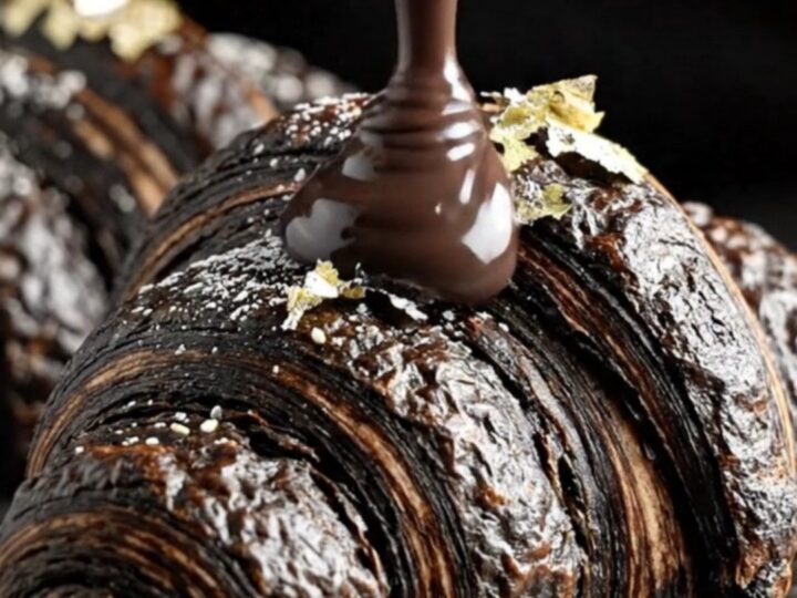 A dramatic jet-black charcoal croissant torn open to reveal a flowing black sesame lava center.