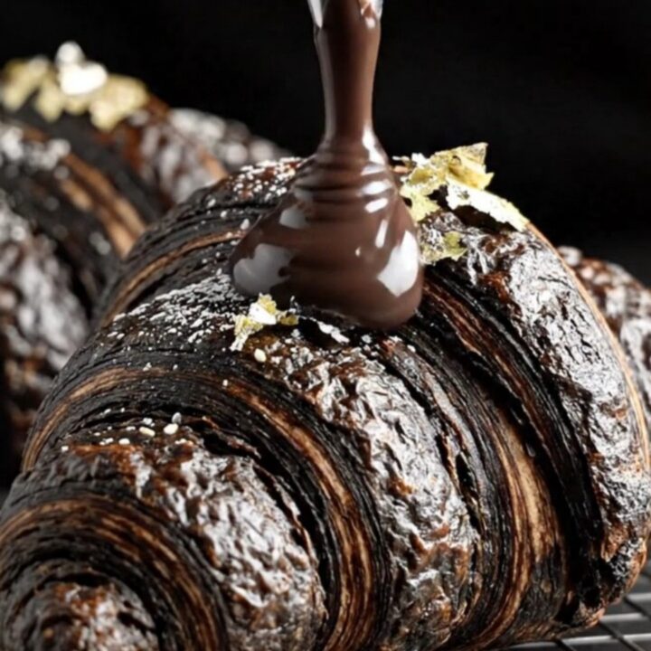 A dramatic jet-black charcoal croissant torn open to reveal a flowing black sesame lava center.