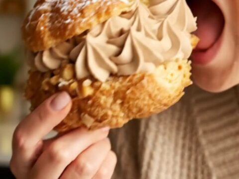 A close-up shot of a classic Paris-Brest pastry ring filled with rich hazelnut praline cream and topped with hazelnuts.