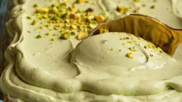 A close-up of a square of pistachio tiramisu showing distinct layers of green cream and soaked ladyfingers.