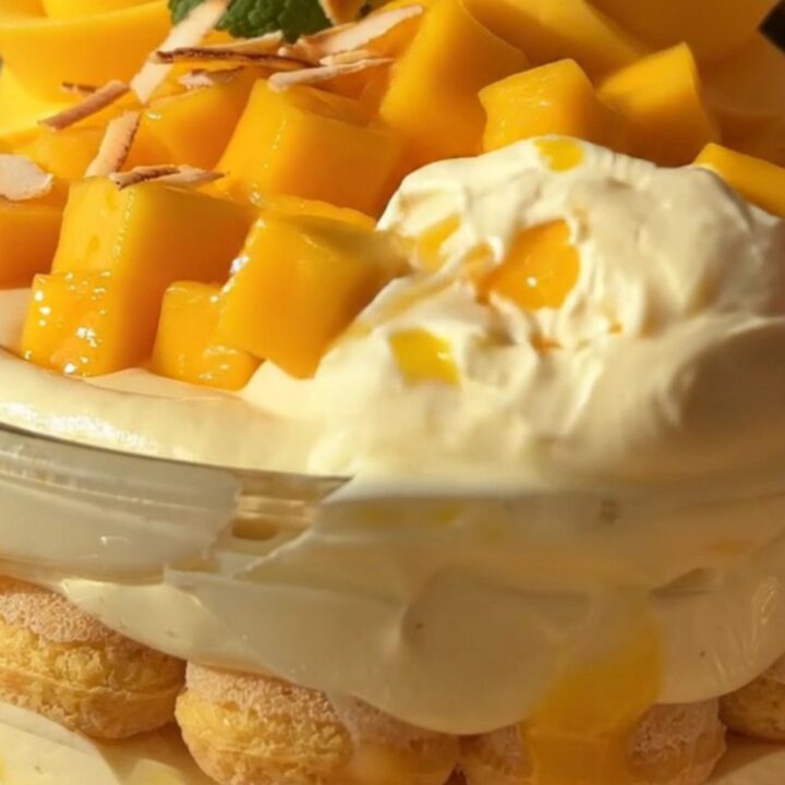 A close-up of a slice of creamy mango coconut tiramisu with fresh mango cubes, toasted coconut, and mint.