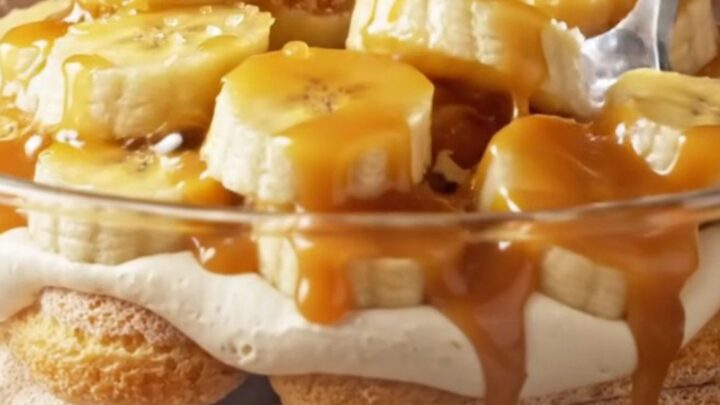 A slice of salted caramel banana tiramisu showing distinct layers of cream and ladyfingers.