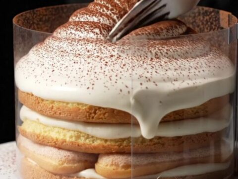 A close-up view of the tsunami tiramisu with a cascading layer of mascarpone cream over ladyfingers.