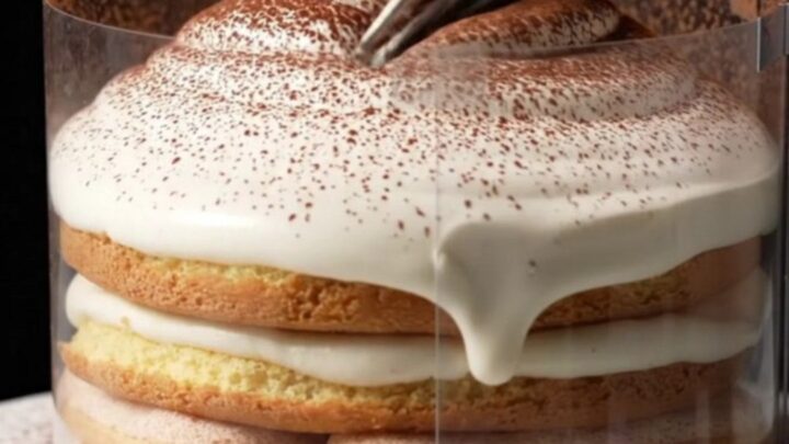 A close-up view of the tsunami tiramisu with a cascading layer of mascarpone cream over ladyfingers.