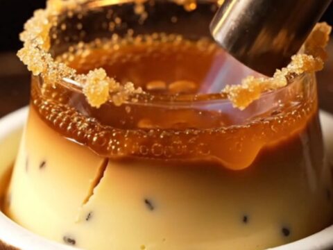 A close-up of a classic crème brûlée with a golden, shattered caramel crust in a rustic ceramic ramekin.