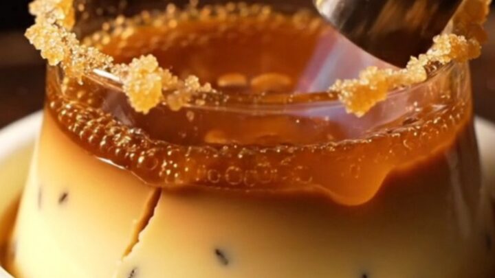 A close-up of a classic crème brûlée with a golden, shattered caramel crust in a rustic ceramic ramekin.