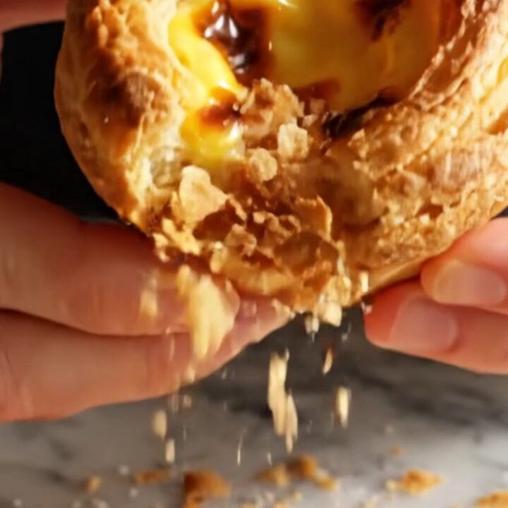 A close-up shot of a freshly baked Portuguese Pastel de Nata with a perfectly blistered, caramelized custard top.