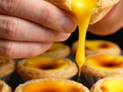 A close-up of a warm Hong Kong egg tart with a flaky golden crust and a trembling, mirror-smooth yellow custard center.