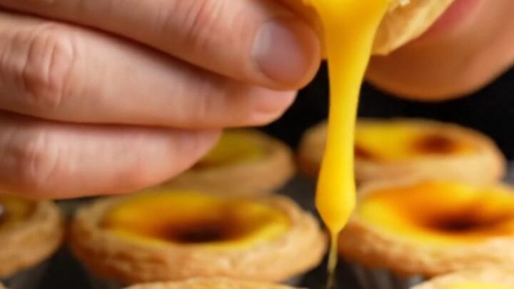 A close-up of a warm Hong Kong egg tart with a flaky golden crust and a trembling, mirror-smooth yellow custard center.