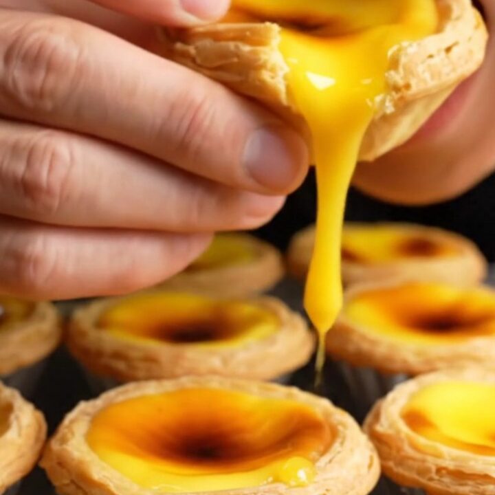 A close-up of a warm Hong Kong egg tart with a flaky golden crust and a trembling, mirror-smooth yellow custard center.