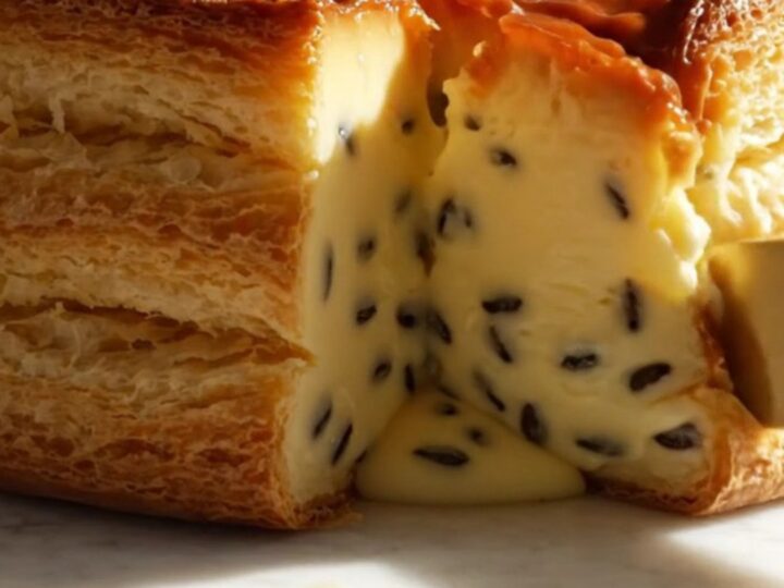 A tall, beautiful slice of Parisian flan pâtissier with a blistered top and smooth custard.