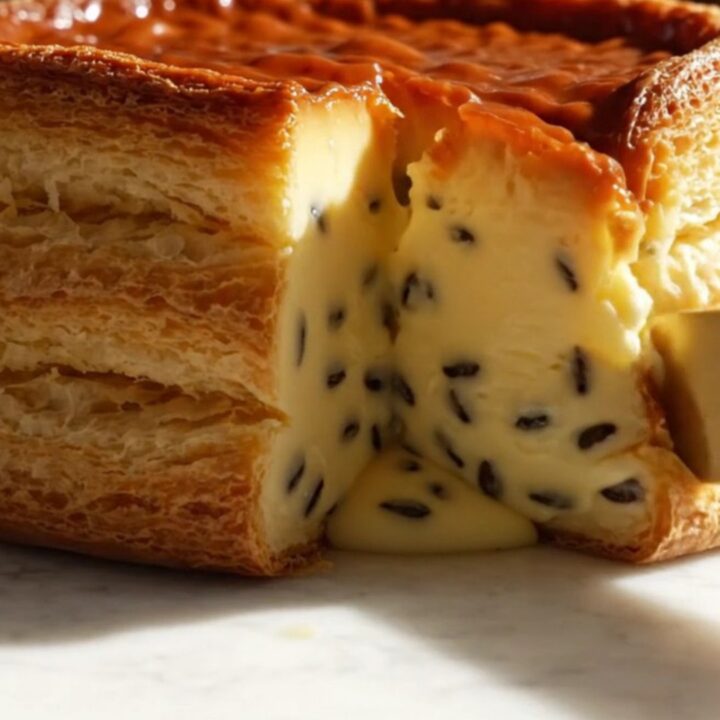 A tall, beautiful slice of Parisian flan pâtissier with a blistered top and smooth custard.