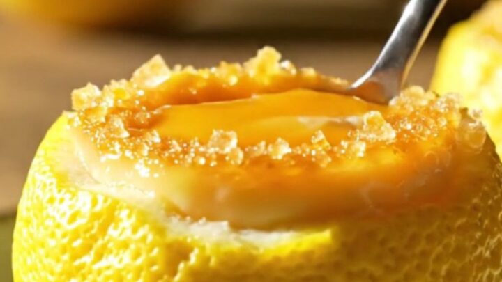 A close-up of a hollowed-out lemon shell filled with creamy lemon posset topped with a golden-brown torched sugar crust.