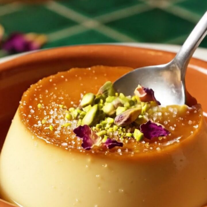 A close-up of a pistachio crème brûlée with a cracked caramel top and scattered emerald pistachios.