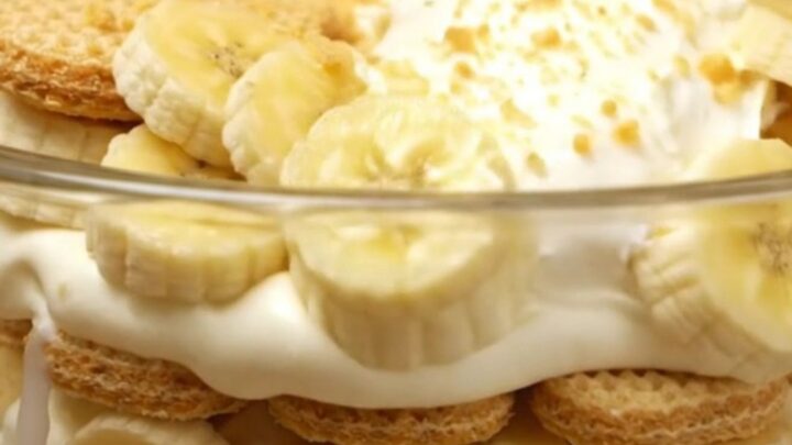 A large glass trifle bowl filled with layers of creamy vanilla pudding, fresh banana slices, and golden vanilla wafers.