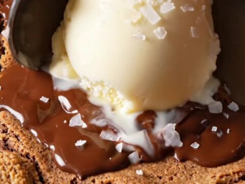 A warm skillet pizookie topped with melting vanilla ice cream in a cast-iron skillet.