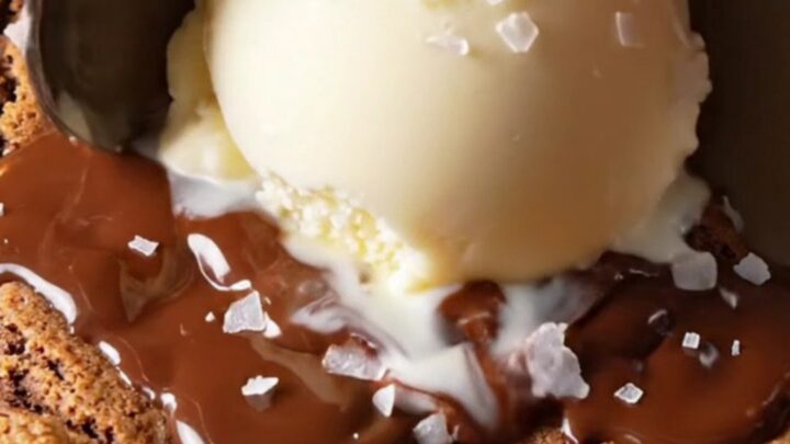 A warm skillet pizookie topped with melting vanilla ice cream in a cast-iron skillet.