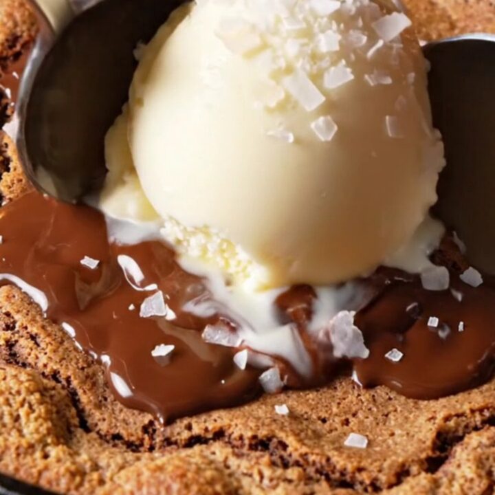 A warm skillet pizookie topped with melting vanilla ice cream in a cast-iron skillet.