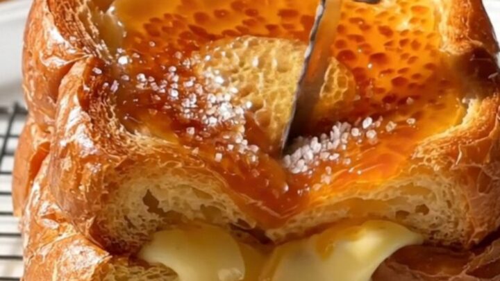 A close-up of a spoon shattering the caramelized sugar crust on a thick slice of stuffed brioche French toast.