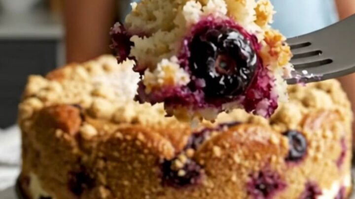 A slice of golden lemon blueberry ricotta cake topped with large, buttery cinnamon streusel boulders.
