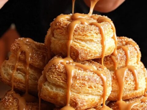 Close-up of golden, crispy churro cheesecake pinwheels with a visible creamy vanilla center.