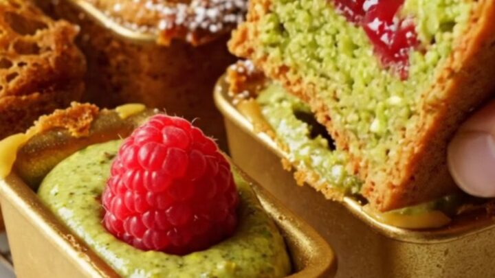 A golden brown pistachio financier broken in half to reveal a vibrant green crumb and a jammy raspberry center.