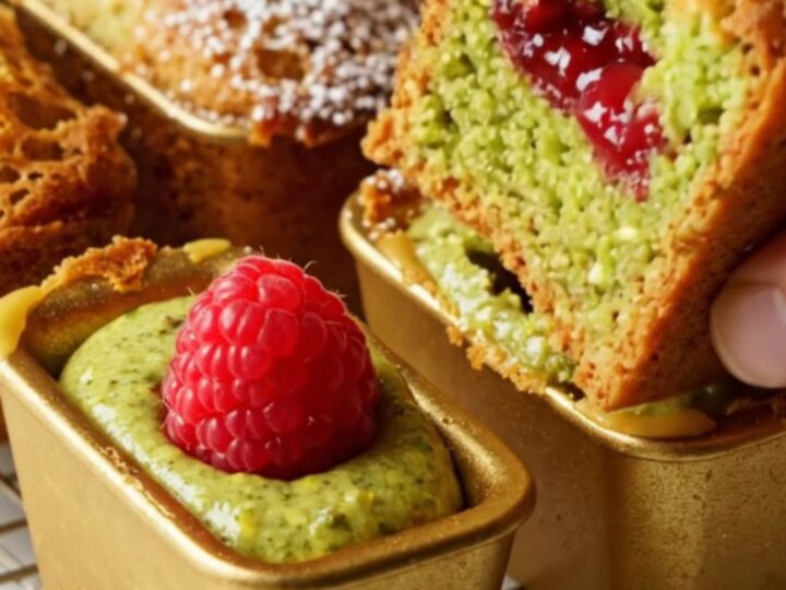 A golden brown pistachio financier broken in half to reveal a vibrant green crumb and a jammy raspberry center.