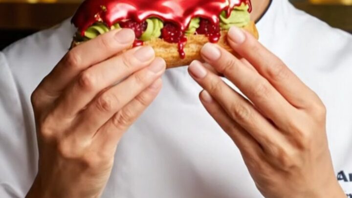A close-up shot of a Parisian raspberry pistachio éclair with ruby mirror glaze and gold leaf.