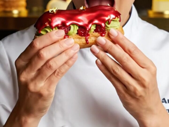 A close-up shot of a Parisian raspberry pistachio éclair with ruby mirror glaze and gold leaf.