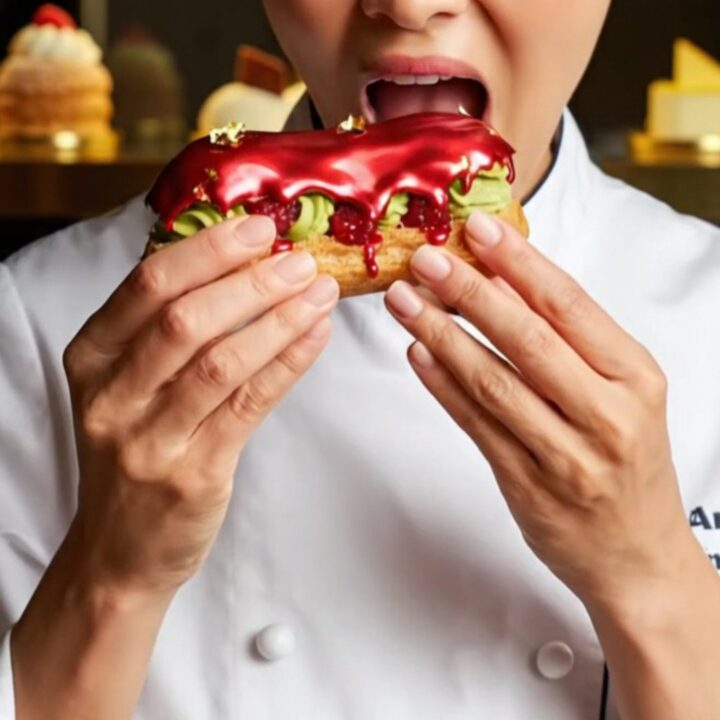 A close-up shot of a Parisian raspberry pistachio éclair with ruby mirror glaze and gold leaf.
