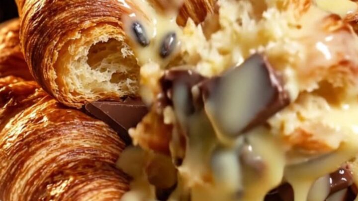 A close-up of a golden brown croissant bread pudding with melted dark chocolate and vanilla sauce.