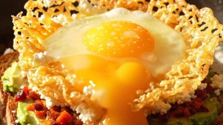 A close-up of a crispy golden feta ring surrounding a runny egg on a slice of sourdough bread.