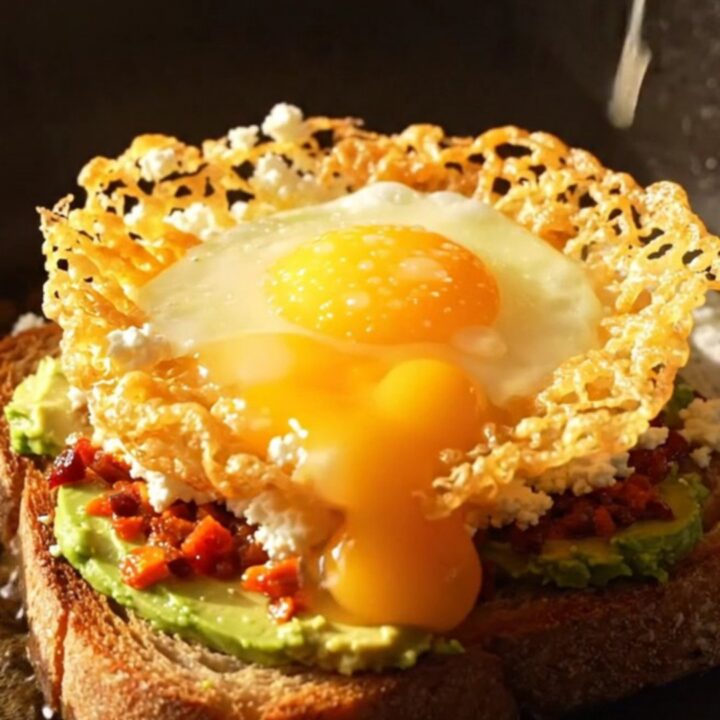 A close-up of a crispy golden feta ring surrounding a runny egg on a slice of sourdough bread.
