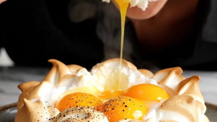 A macro shot of a golden egg yolk centered in a pillowy, toasted meringue cloud with herbs.