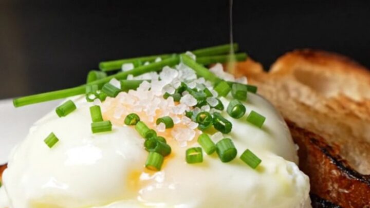 Glossy, soft-curd scrambled eggs served on a piece of charred brioche toast, garnished with chives.