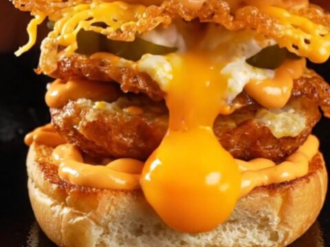 A crispy cheddar-crusted fried egg sitting on a toasted potato bun, showing a beautiful golden-brown lacy edge.