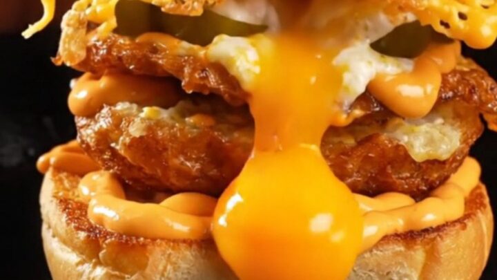 A crispy cheddar-crusted fried egg sitting on a toasted potato bun, showing a beautiful golden-brown lacy edge.