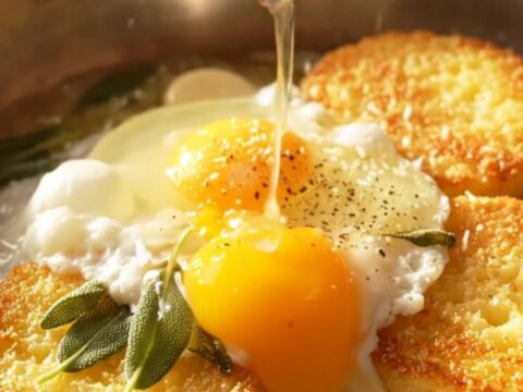 A golden-crusted polenta round topped with a perfectly basted egg and crispy sage leaves in a rustic skillet.