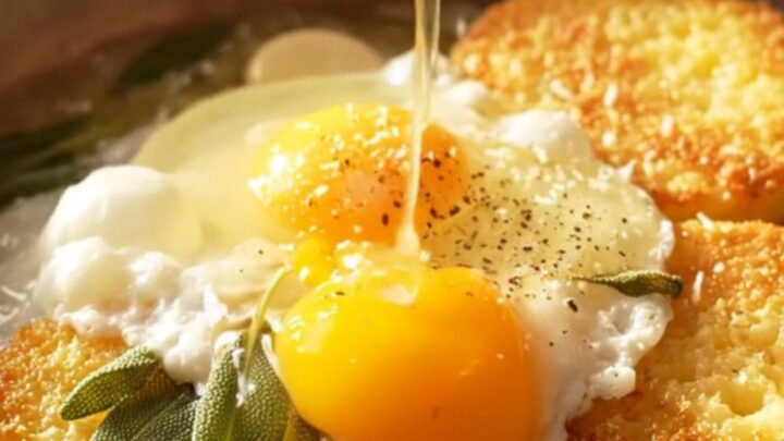 A golden-crusted polenta round topped with a perfectly basted egg and crispy sage leaves in a rustic skillet.