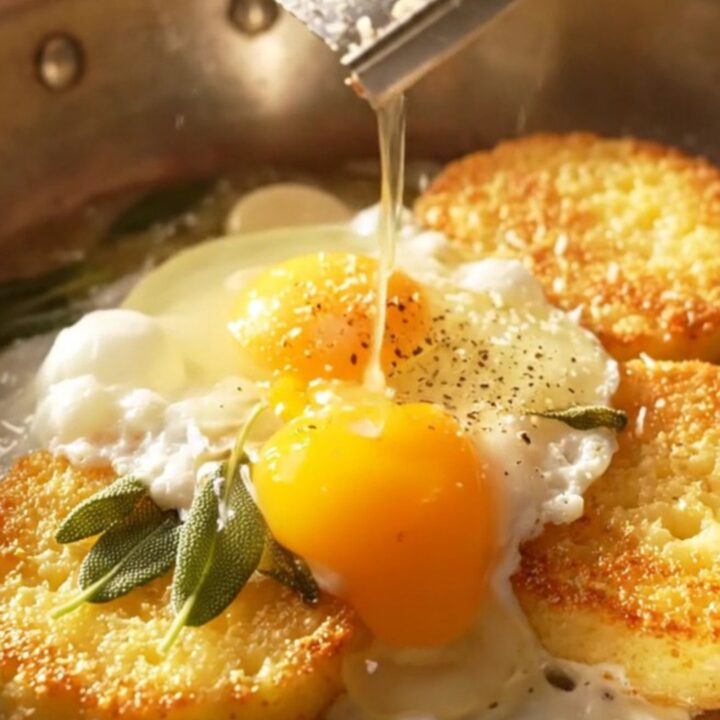 A golden-crusted polenta round topped with a perfectly basted egg and crispy sage leaves in a rustic skillet.