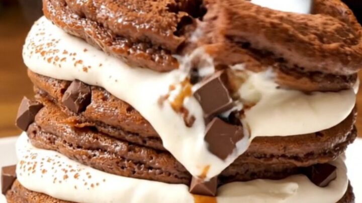 A stack of fluffy Tiramisu pancakes topped with whipped mascarpone and a dusting of cocoa powder.