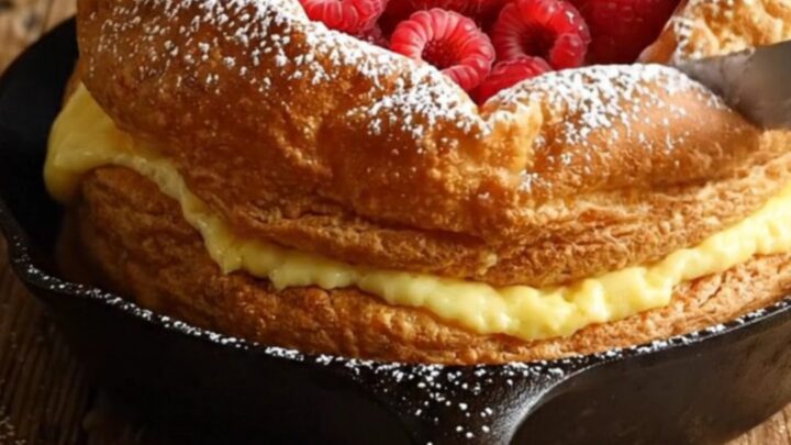 A towering, golden-brown Dutch baby pancake with crispy ruffled edges served in a cast-iron skillet.