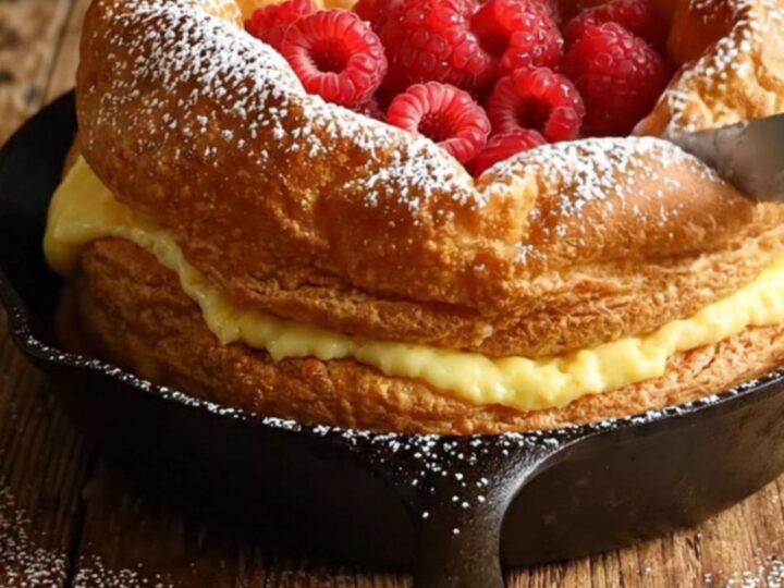 A towering, golden-brown Dutch baby pancake with crispy ruffled edges served in a cast-iron skillet.
