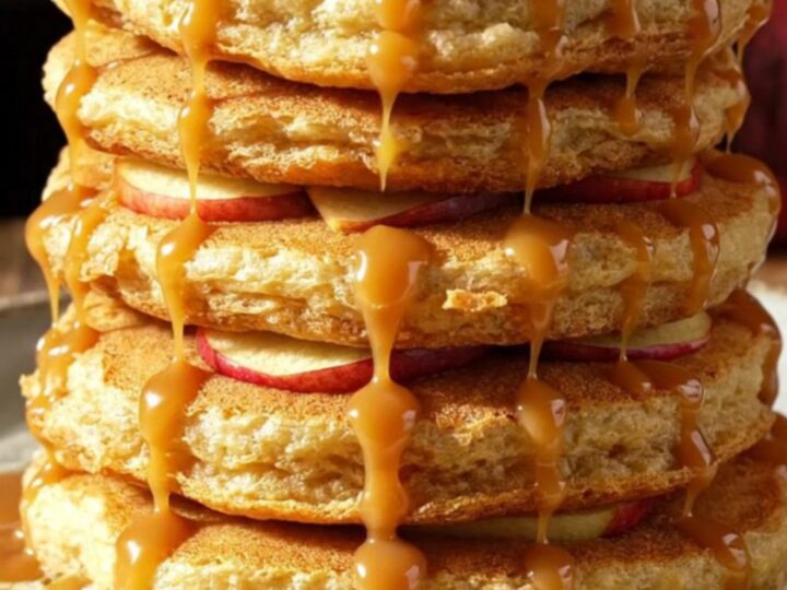 A stack of golden-brown apple cider pancake rings topped with caramel and walnuts.