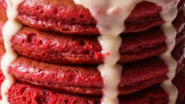A stack of three vibrant crimson red velvet pancakes topped with a cascading ivory cream cheese glaze.