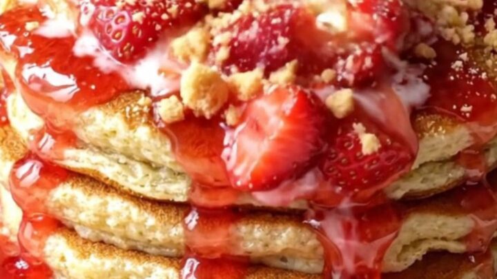 A stack of golden brown pancakes topped with fresh macerated strawberries and crushed graham crackers.