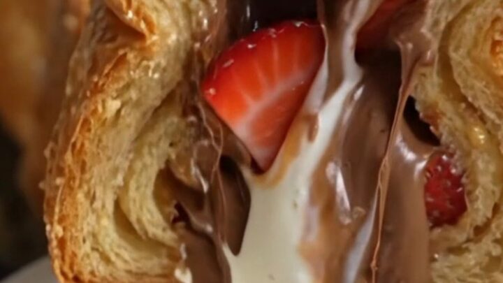 A close-up of a stuffed brioche French toast slice being pulled apart, revealing a molten Nutella and strawberry filling.